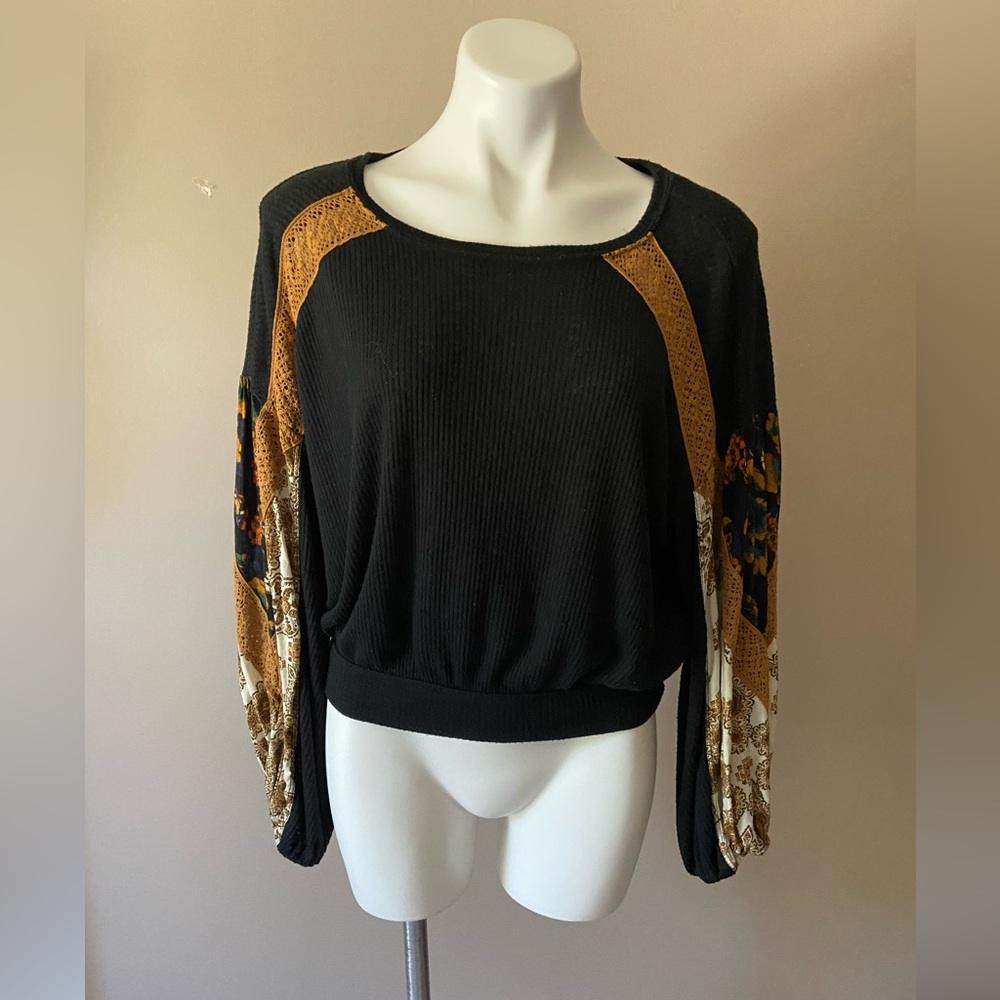 Free People Black Floral Women's Mixed Media Pullover Peasant Blouse Size XS